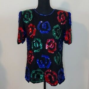 VTG LAURENCE KAZAR 100% SILK SEQUINED BLOUSE. SZ S